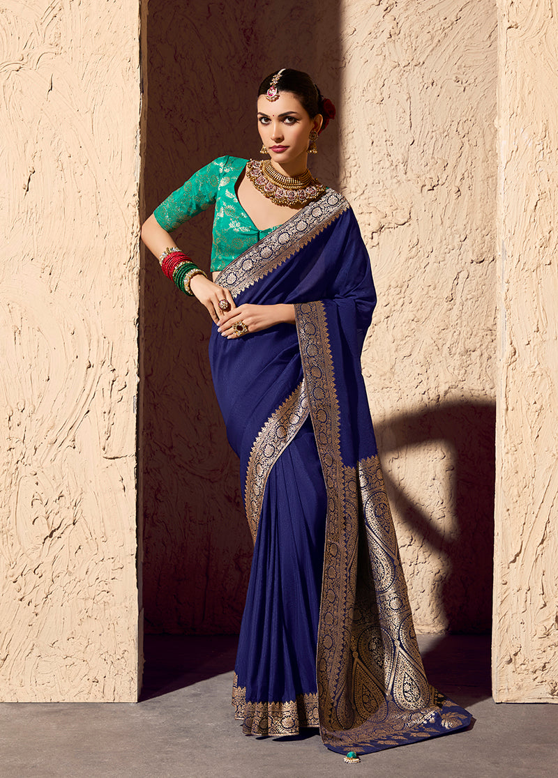 Monjolika Fashion Navy Blue Crepe Georgette Zari Weaving Work Saree - Distacart