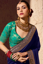 Monjolika Fashion Navy Blue Crepe Georgette Zari Weaving Work Saree - Distacart