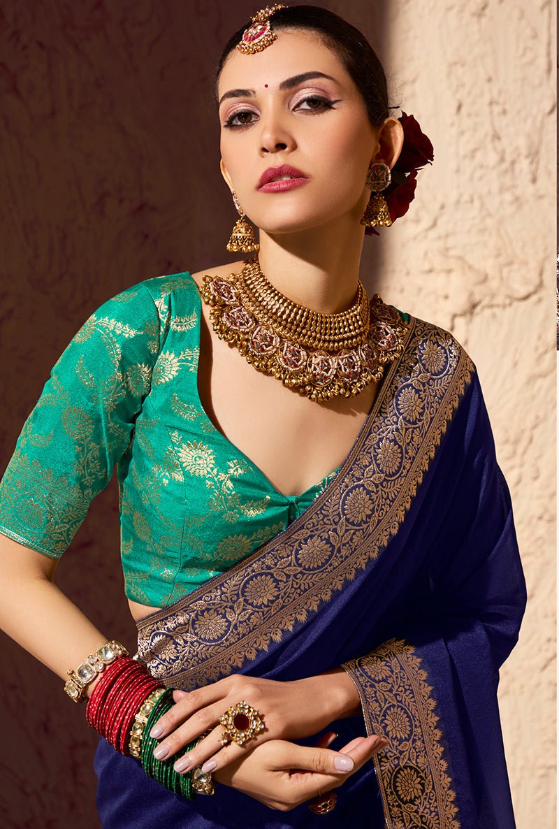 Monjolika Fashion Navy Blue Crepe Georgette Zari Weaving Work Saree - Distacart