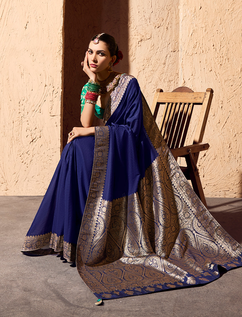 Monjolika Fashion Navy Blue Crepe Georgette Zari Weaving Work Saree - Distacart