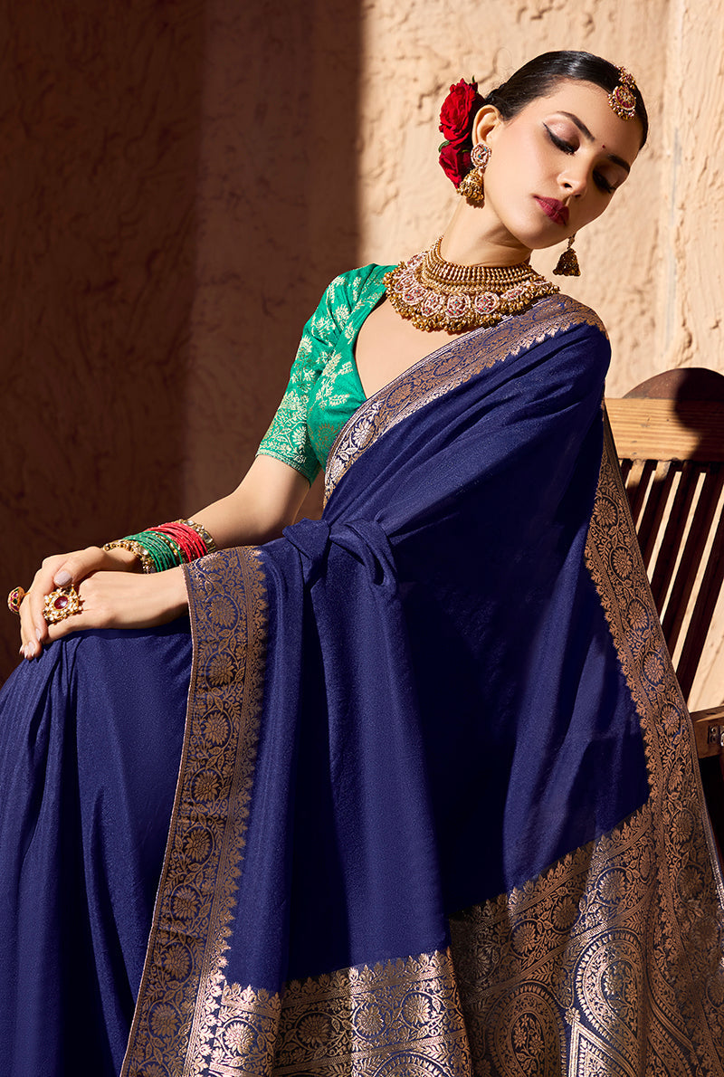 Monjolika Fashion Navy Blue Crepe Georgette Zari Weaving Work Saree - Distacart