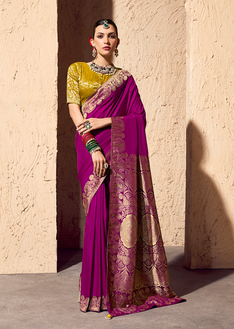 Monjolika Fashion Dark Magenta Crepe Georgette Zari Weaving Work Saree - Distacart