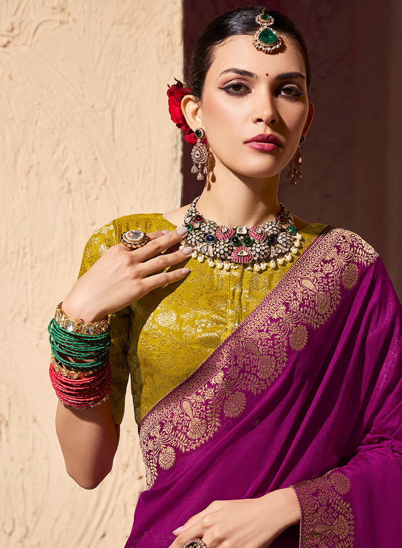 Monjolika Fashion Dark Magenta Crepe Georgette Zari Weaving Work Saree - Distacart