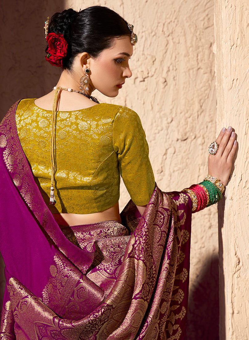 Monjolika Fashion Dark Magenta Crepe Georgette Zari Weaving Work Saree - Distacart