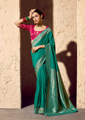 Monjolika Fashion Teal Crepe Georgette Zari Weaving Work Saree - Distacart