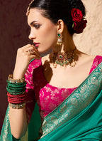 Monjolika Fashion Teal Crepe Georgette Zari Weaving Work Saree - Distacart