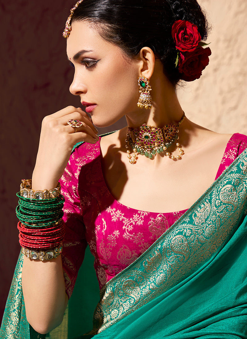 Monjolika Fashion Teal Crepe Georgette Zari Weaving Work Saree - Distacart