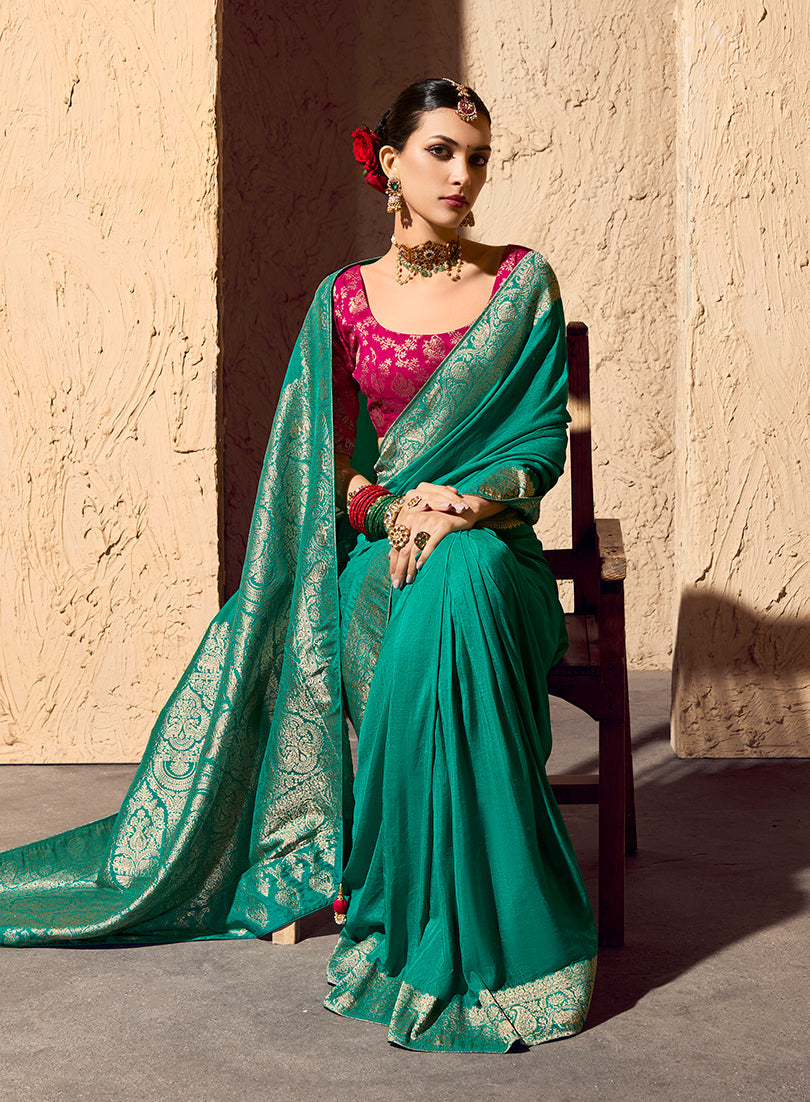 Monjolika Fashion Teal Crepe Georgette Zari Weaving Work Saree - Distacart