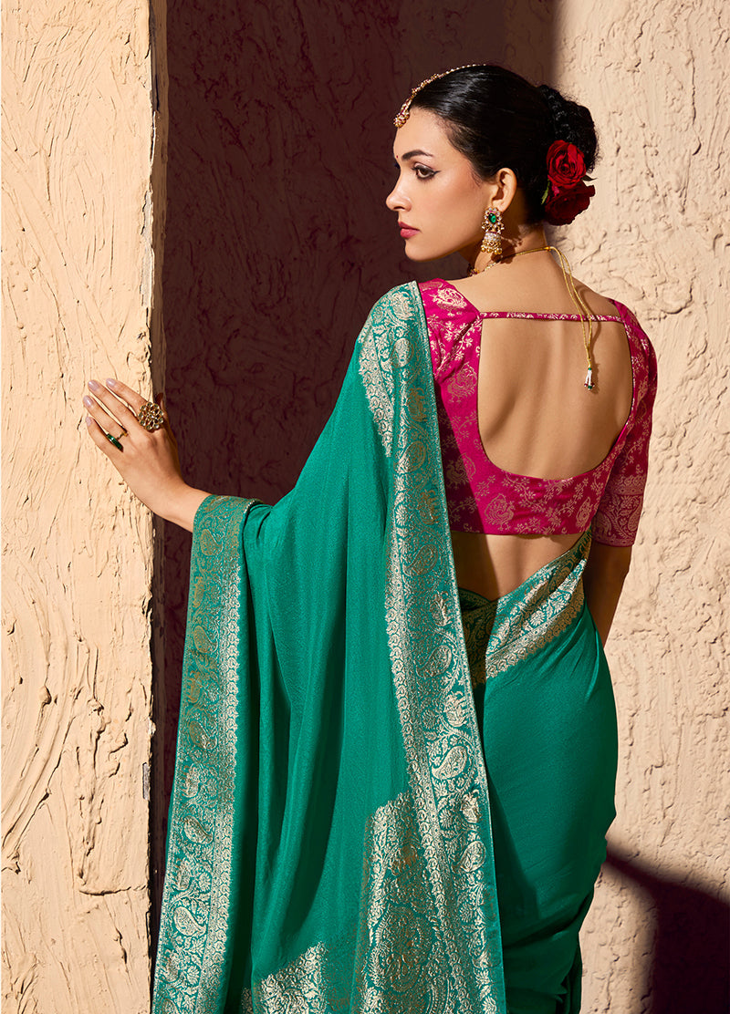 Monjolika Fashion Teal Crepe Georgette Zari Weaving Work Saree - Distacart