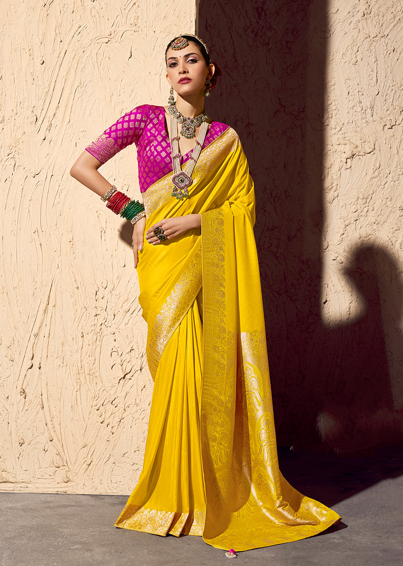 Monjolika Fashion Yellow Crepe Georgette Zari Weaving Work Saree - Distacart