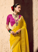 Monjolika Fashion Yellow Crepe Georgette Zari Weaving Work Saree - Distacart