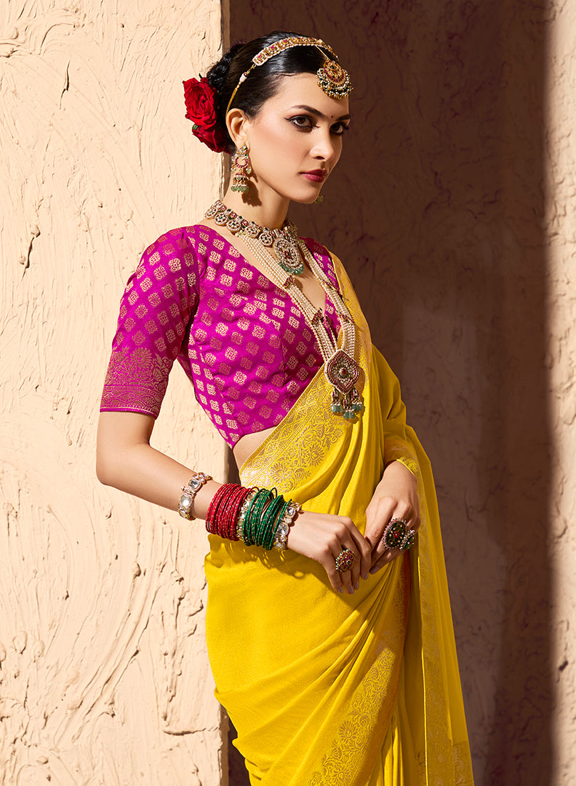 Monjolika Fashion Yellow Crepe Georgette Zari Weaving Work Saree - Distacart