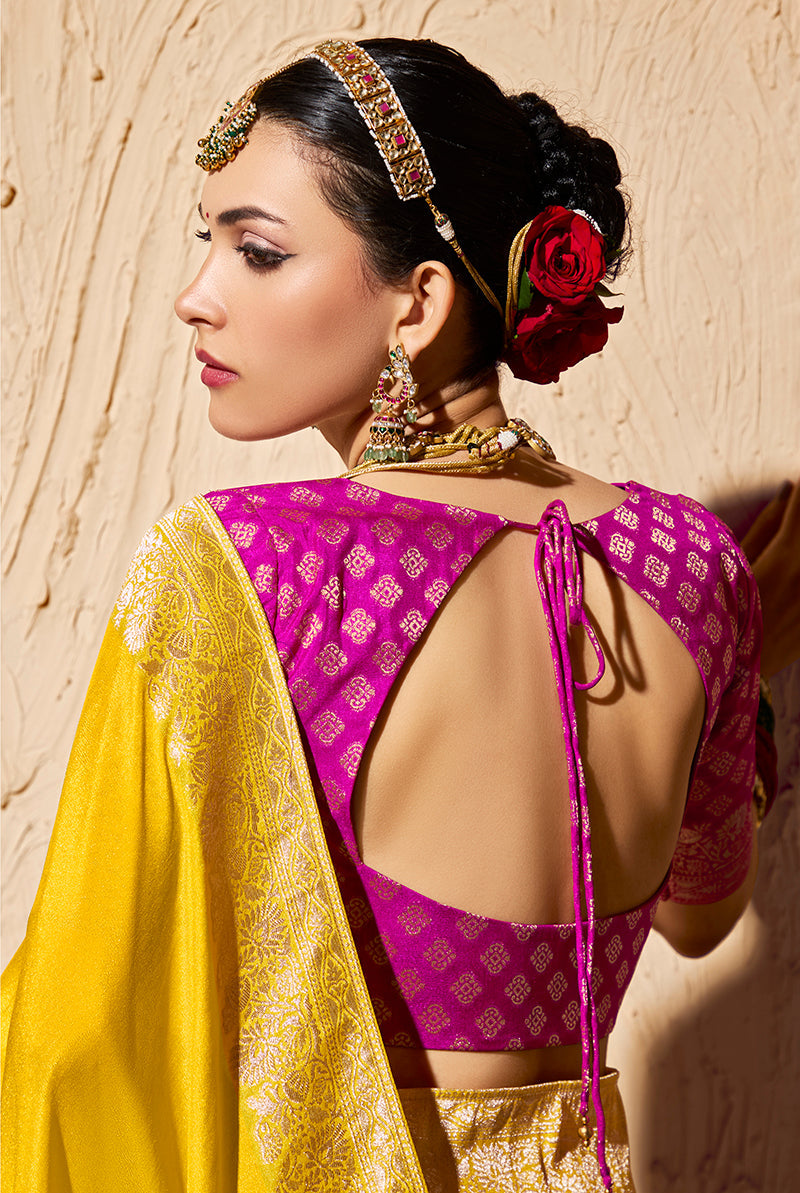 Monjolika Fashion Yellow Crepe Georgette Zari Weaving Work Saree - Distacart