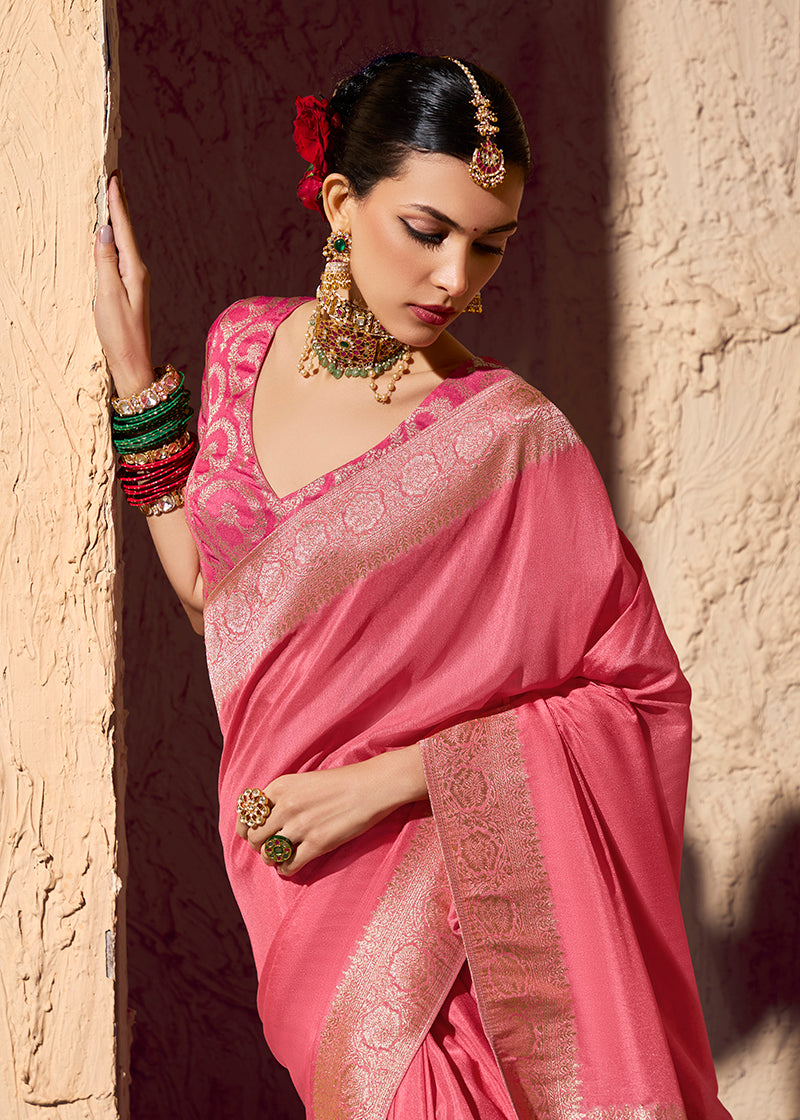 Monjolika Fashion Light Pink Crepe Georgette Zari Weaving Work Saree - Distacart