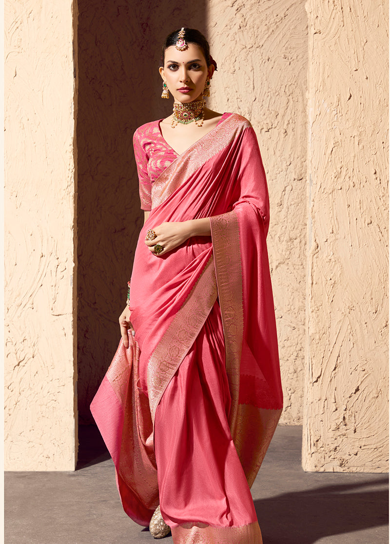 Monjolika Fashion Light Pink Crepe Georgette Zari Weaving Work Saree - Distacart