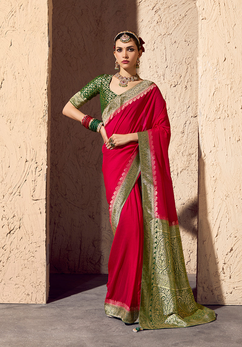 Monjolika Fashion Red Crepe Georgette Zari Weaving Work Saree - Distacart