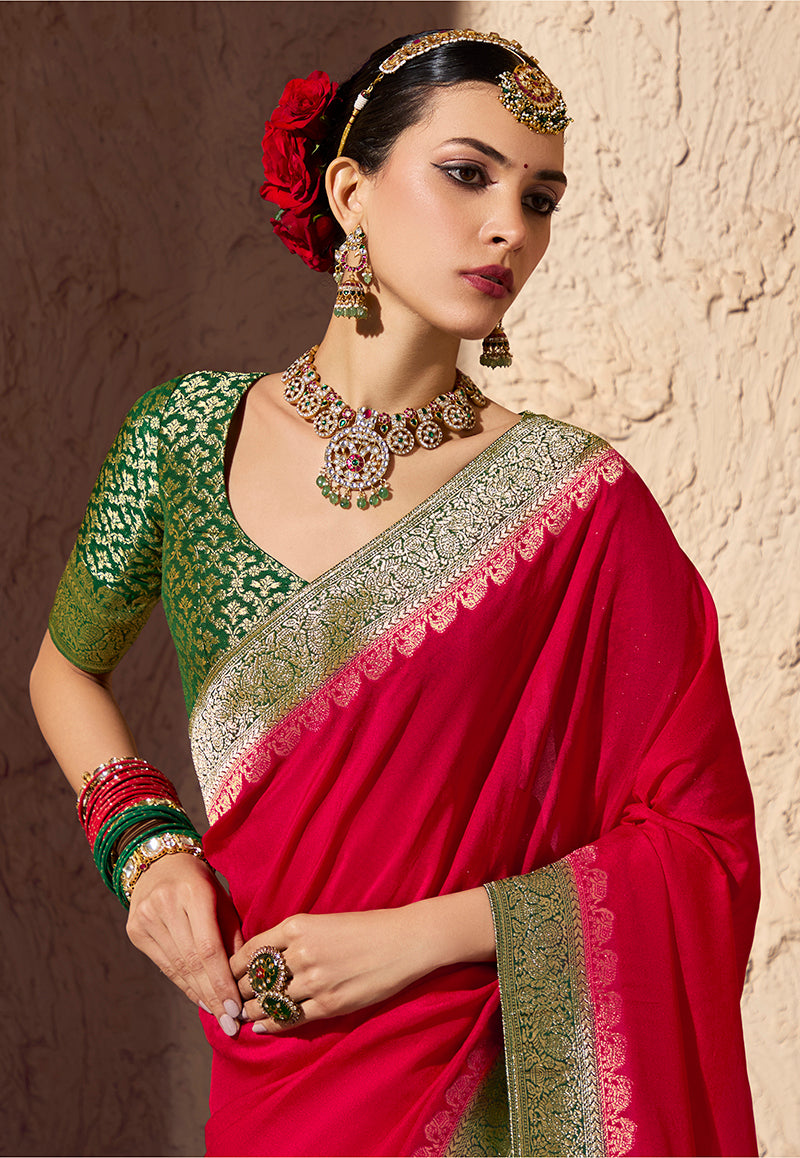 Monjolika Fashion Red Crepe Georgette Zari Weaving Work Saree - Distacart