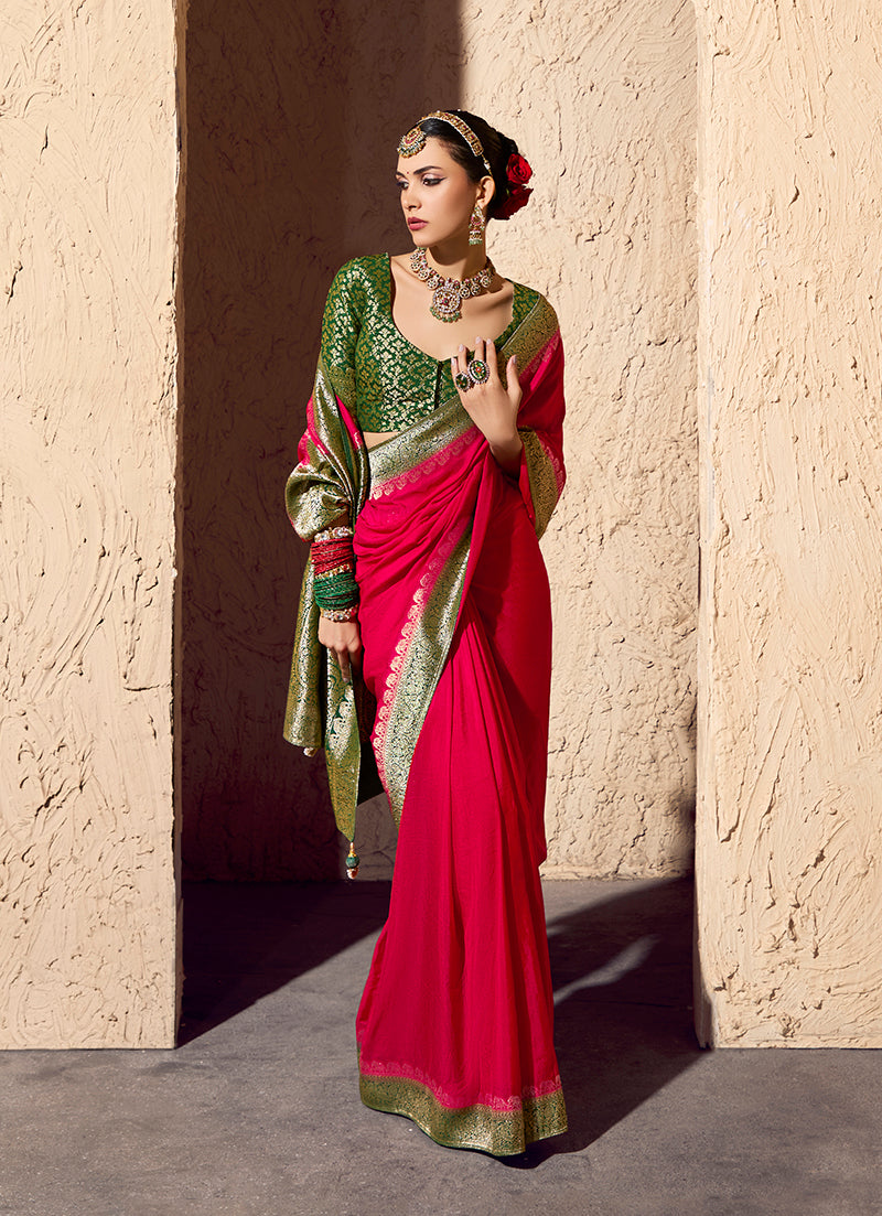 Monjolika Fashion Red Crepe Georgette Zari Weaving Work Saree - Distacart