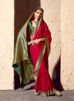 Monjolika Fashion Red Crepe Georgette Zari Weaving Work Saree - Distacart