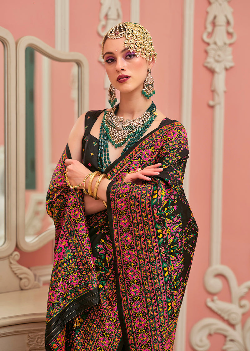 Monjolika Fashion Black Banarasi Silk Traditional Saree with Meenakari and Weaving Work - Distacart