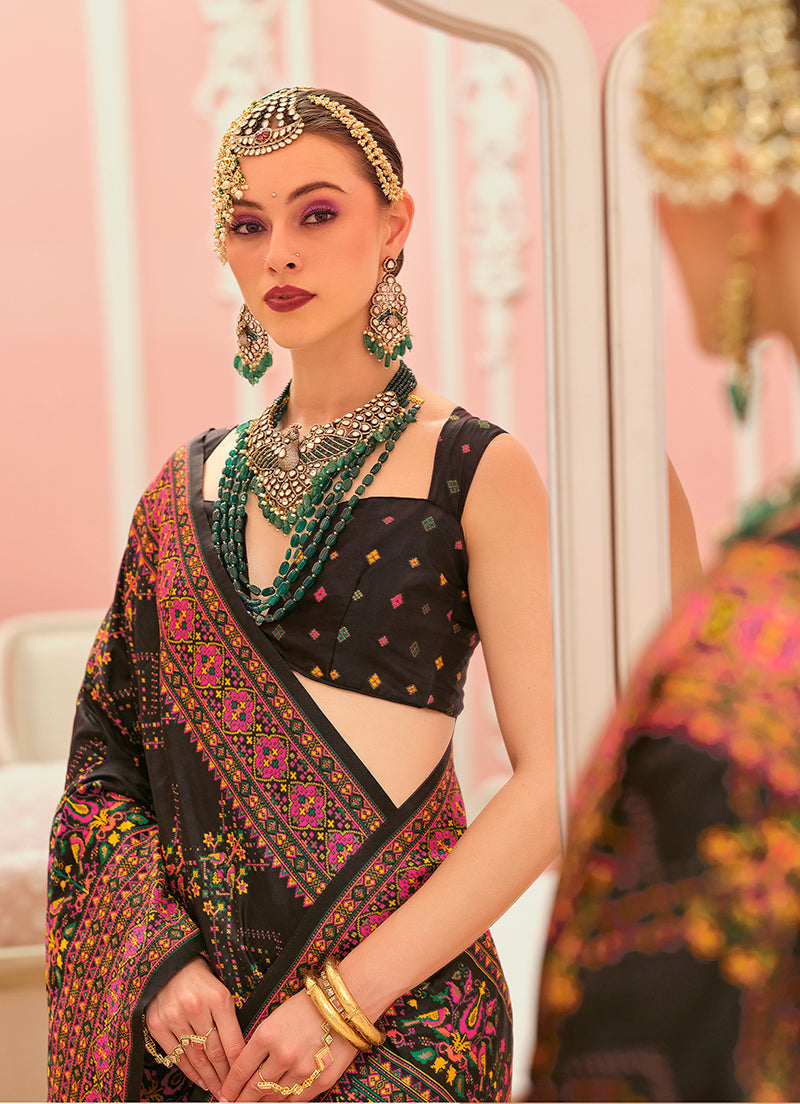 Monjolika Fashion Black Banarasi Silk Traditional Saree with Meenakari and Weaving Work - Distacart