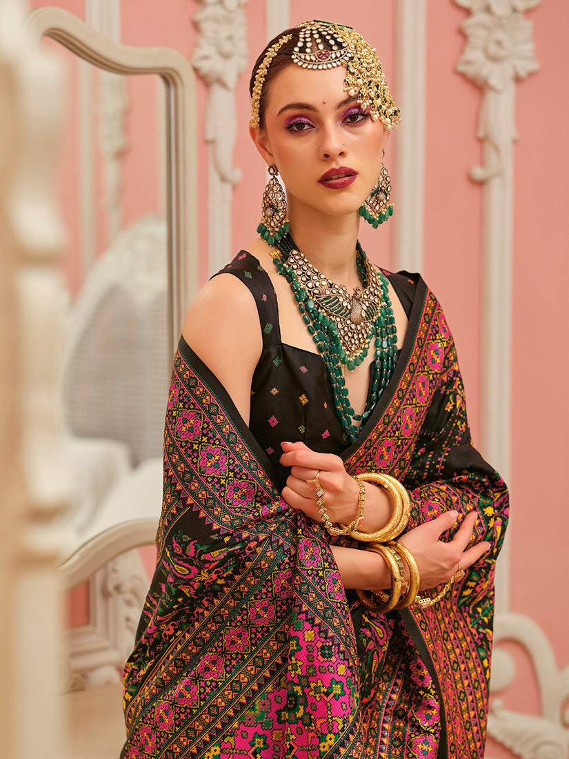 Monjolika Fashion Black Banarasi Silk Traditional Saree with Meenakari and Weaving Work - Distacart