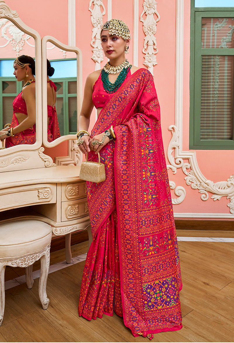 Monjolika Fashion Pink Banarasi Silk Traditional Saree with Meenakari and Weaving Work - Distacart