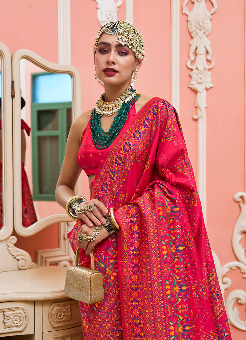 Monjolika Fashion Pink Banarasi Silk Traditional Saree with Meenakari and Weaving Work - Distacart