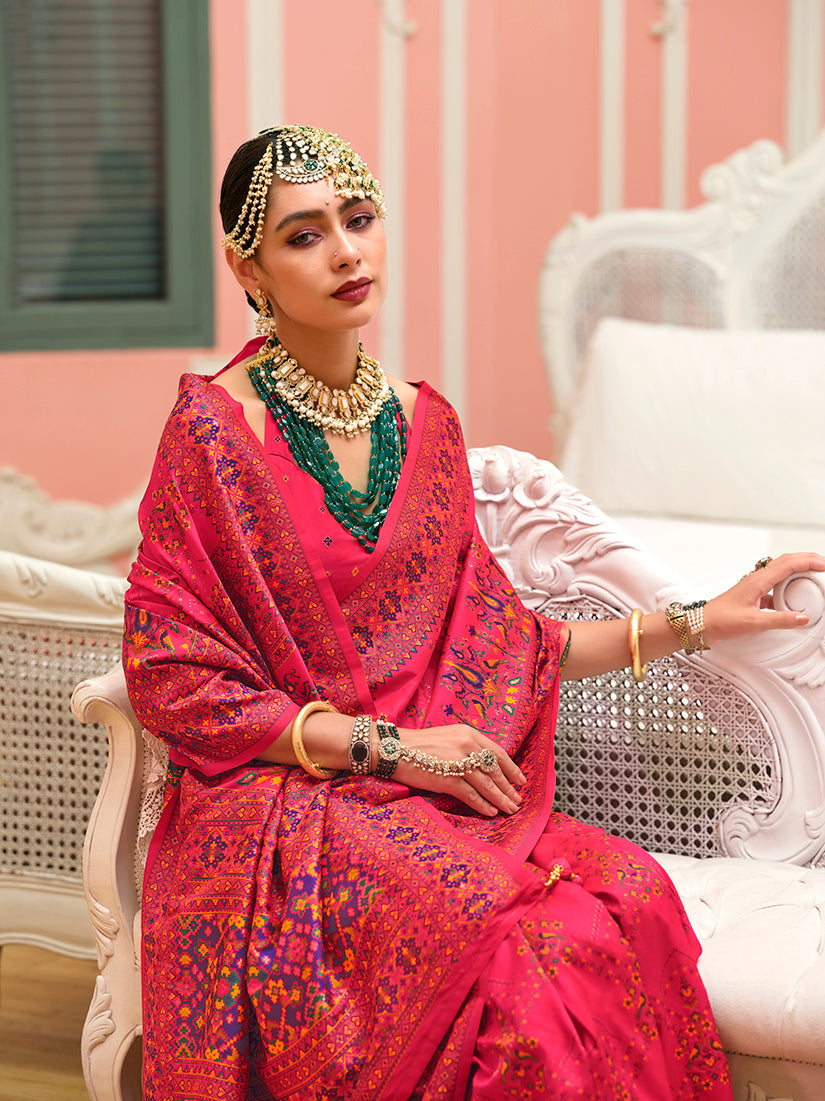 Monjolika Fashion Pink Banarasi Silk Traditional Saree with Meenakari and Weaving Work - Distacart