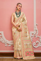 Monjolika Fashion Cream Banarasi Silk Traditional Saree with Meenakari and Weaving Work - Distacart