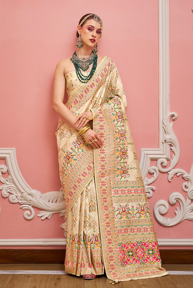 Monjolika Fashion Cream Banarasi Silk Traditional Saree with Meenakari and Weaving Work - Distacart