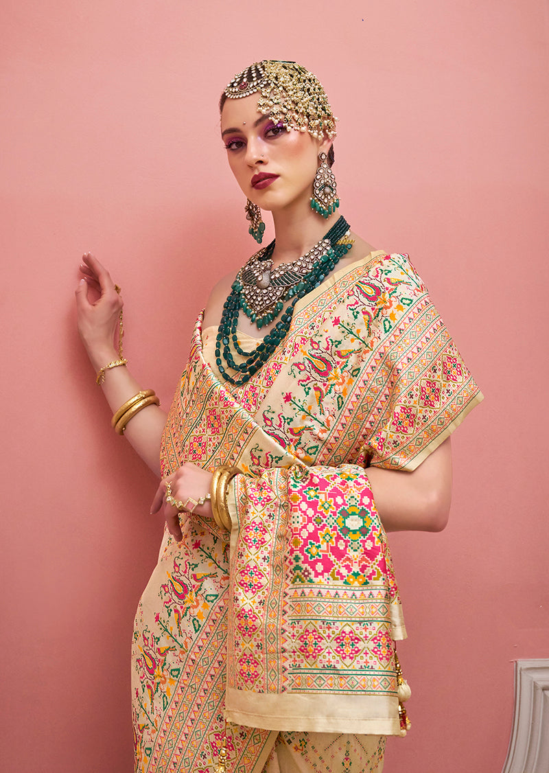 Monjolika Fashion Cream Banarasi Silk Traditional Saree with Meenakari and Weaving Work - Distacart
