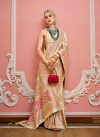 Monjolika Fashion Cream Banarasi Silk Traditional Saree with Meenakari and Weaving Work - Distacart
