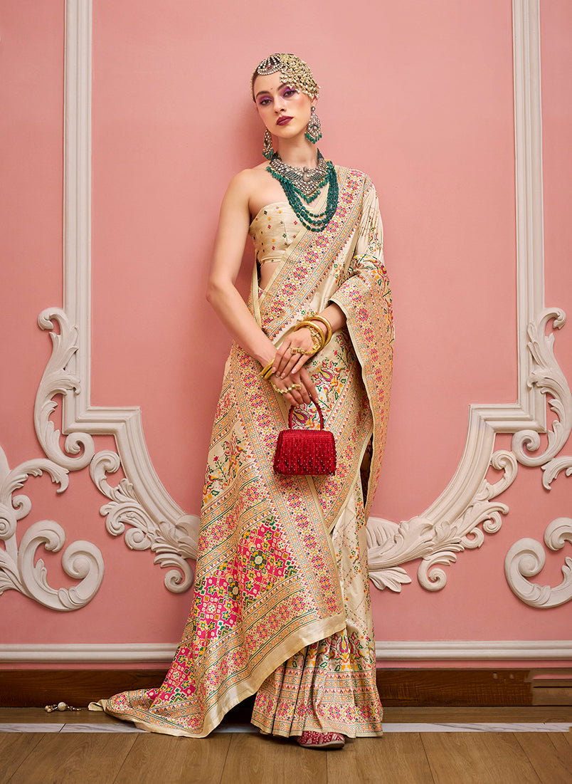 Monjolika Fashion Cream Banarasi Silk Traditional Saree with Meenakari and Weaving Work - Distacart