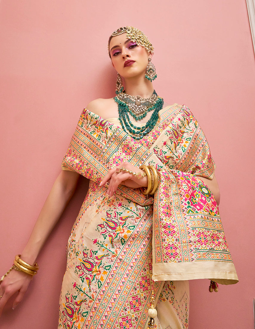 Monjolika Fashion Cream Banarasi Silk Traditional Saree with Meenakari and Weaving Work - Distacart