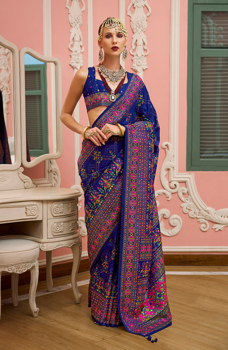 Monjolika Fashion Blue Banarasi Silk Traditional Saree with Meenakari and Weaving Work - Distacart