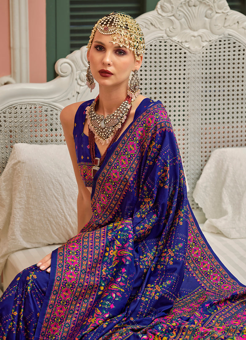 Monjolika Fashion Blue Banarasi Silk Traditional Saree with Meenakari and Weaving Work - Distacart