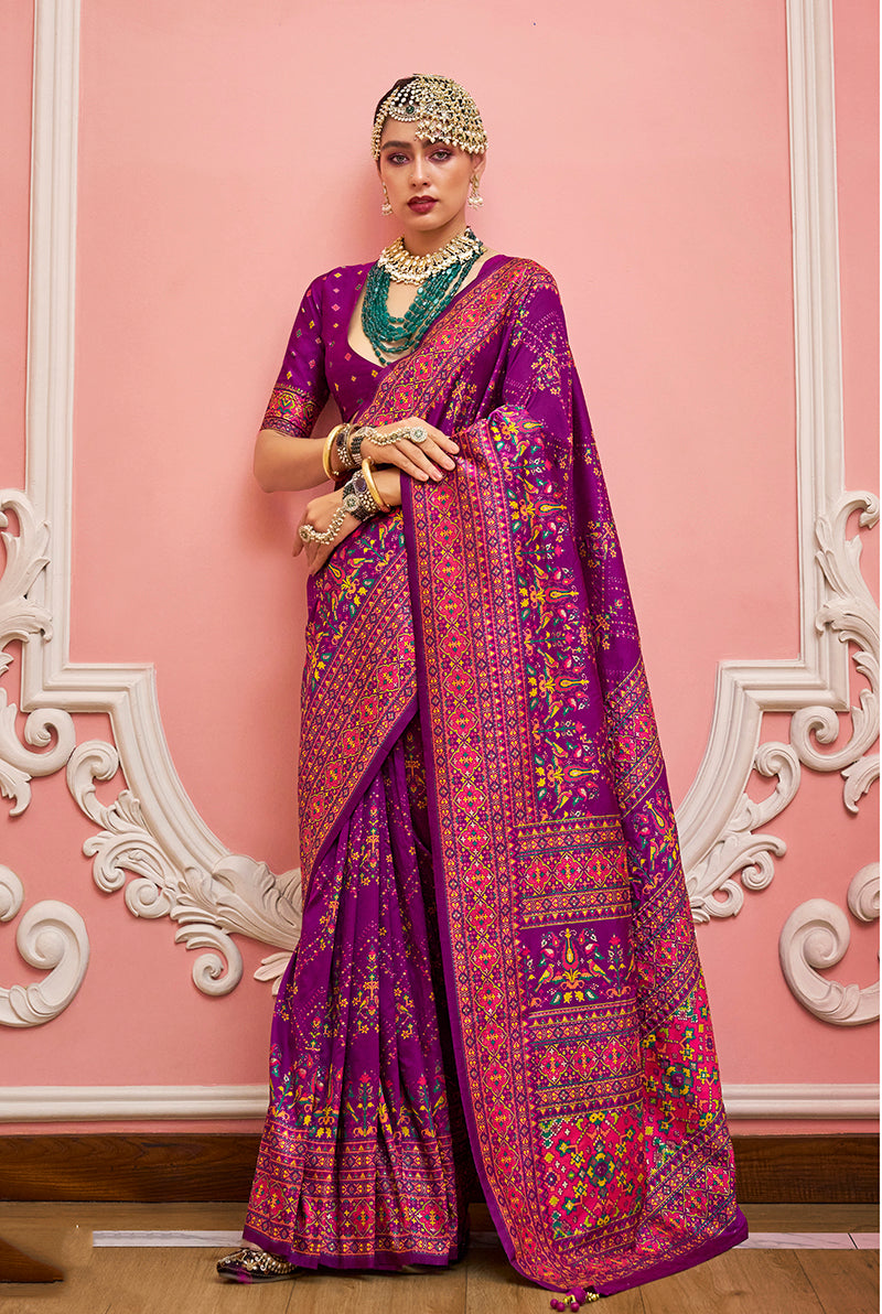 Monjolika Fashion Dark Magenta Banarasi Silk Traditional Saree with Meenakari and Weaving Work - Distacart