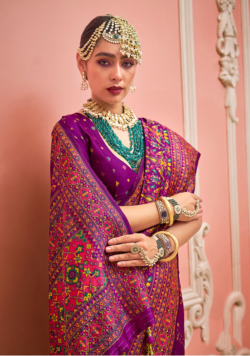 Monjolika Fashion Dark Magenta Banarasi Silk Traditional Saree with Meenakari and Weaving Work - Distacart