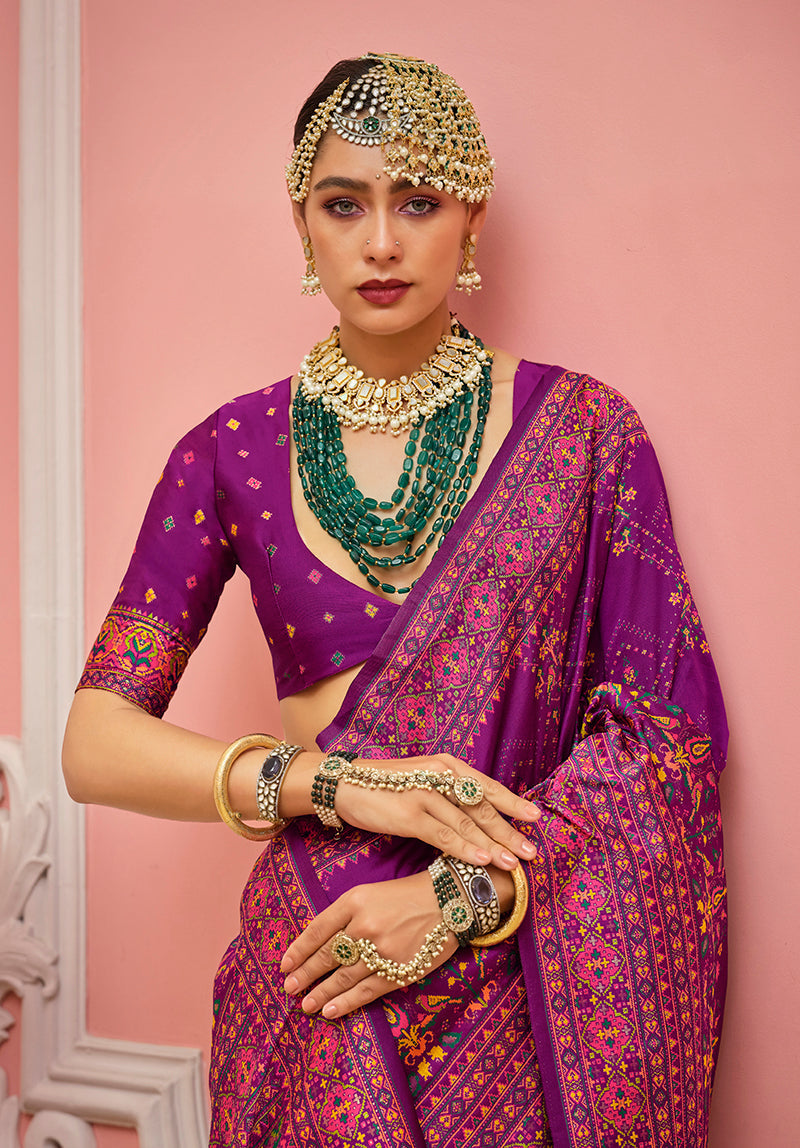 Monjolika Fashion Dark Magenta Banarasi Silk Traditional Saree with Meenakari and Weaving Work - Distacart