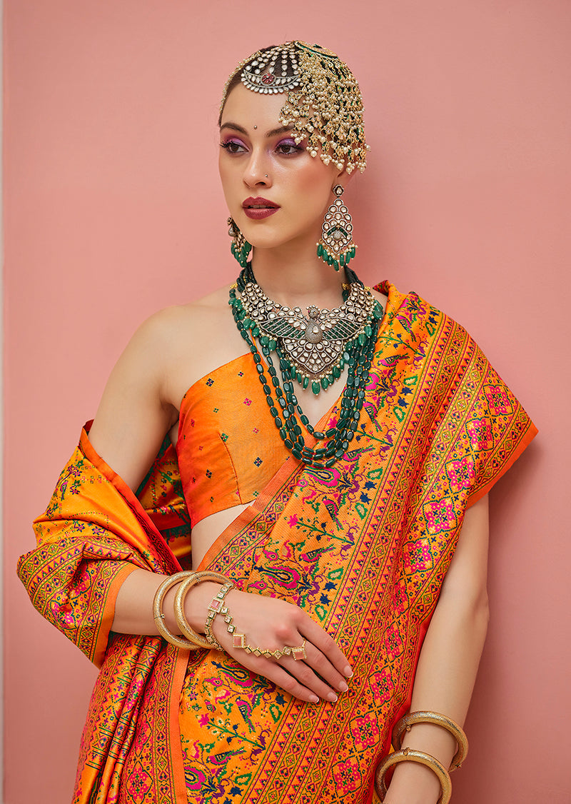 Monjolika Fashion Orange Banarasi Silk Traditional Saree with Meenakari and Weaving Work - Distacart