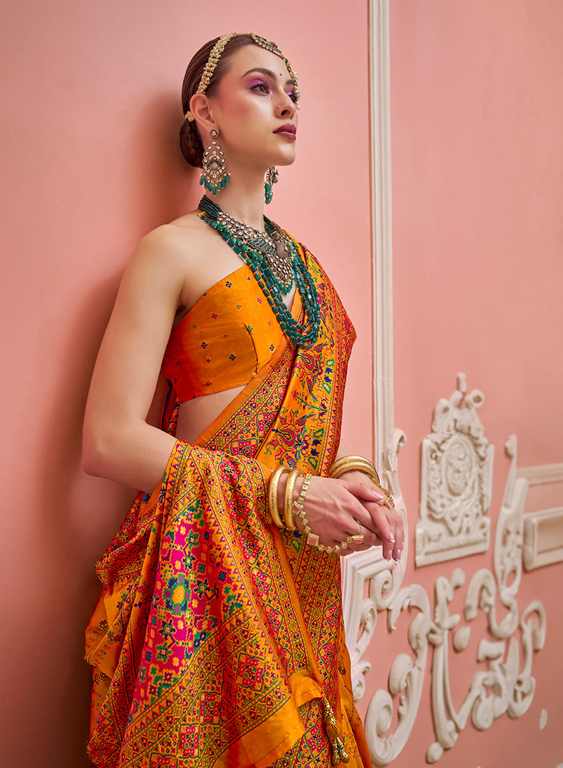 Monjolika Fashion Orange Banarasi Silk Traditional Saree with Meenakari and Weaving Work - Distacart