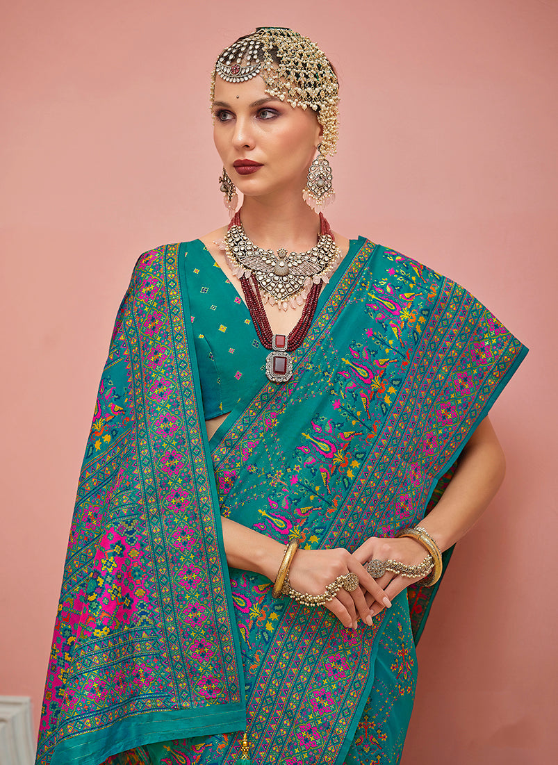 Monjolika Fashion Teal Banarasi Silk Traditional Saree with Meenakari and Weaving Work - Distacart
