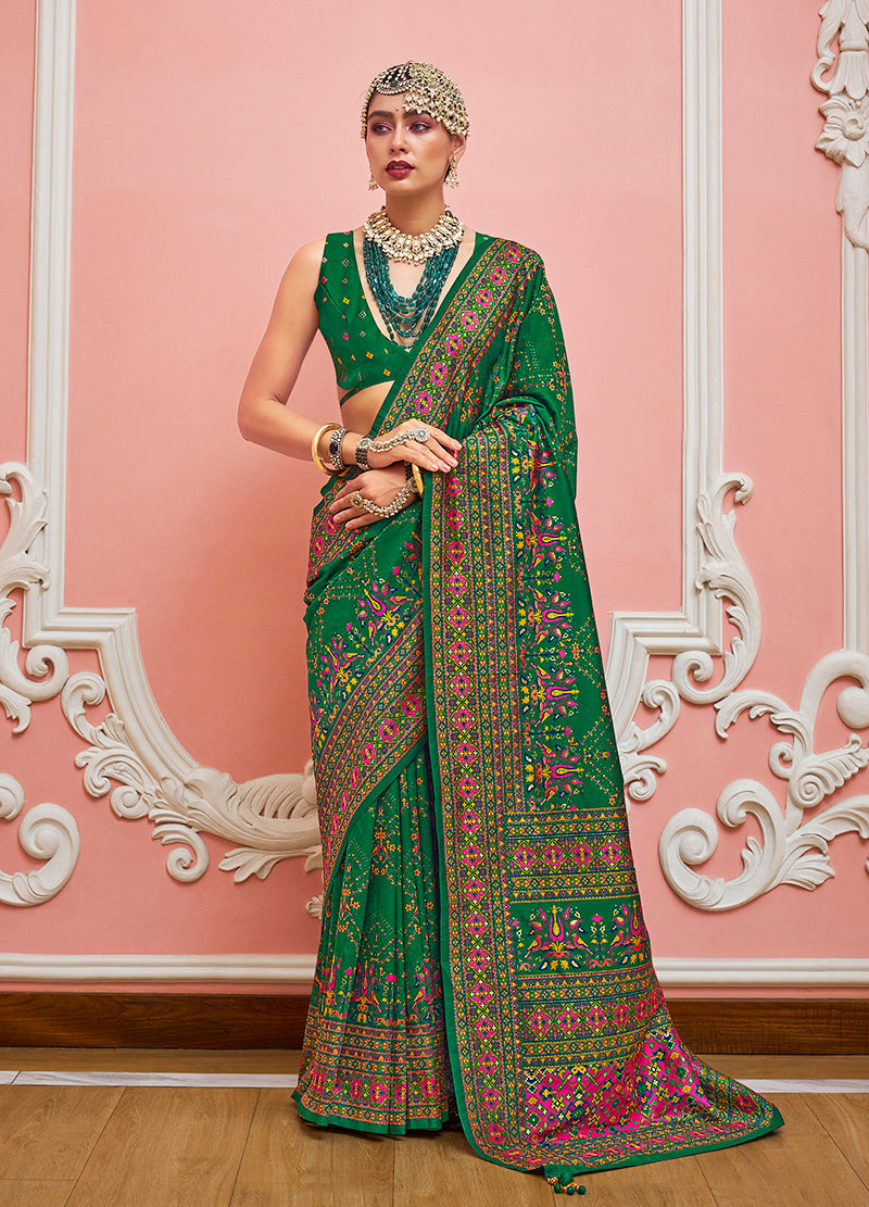 Monjolika Fashion Green Banarasi Silk Traditional Saree with Meenakari and Weaving Work - Distacart
