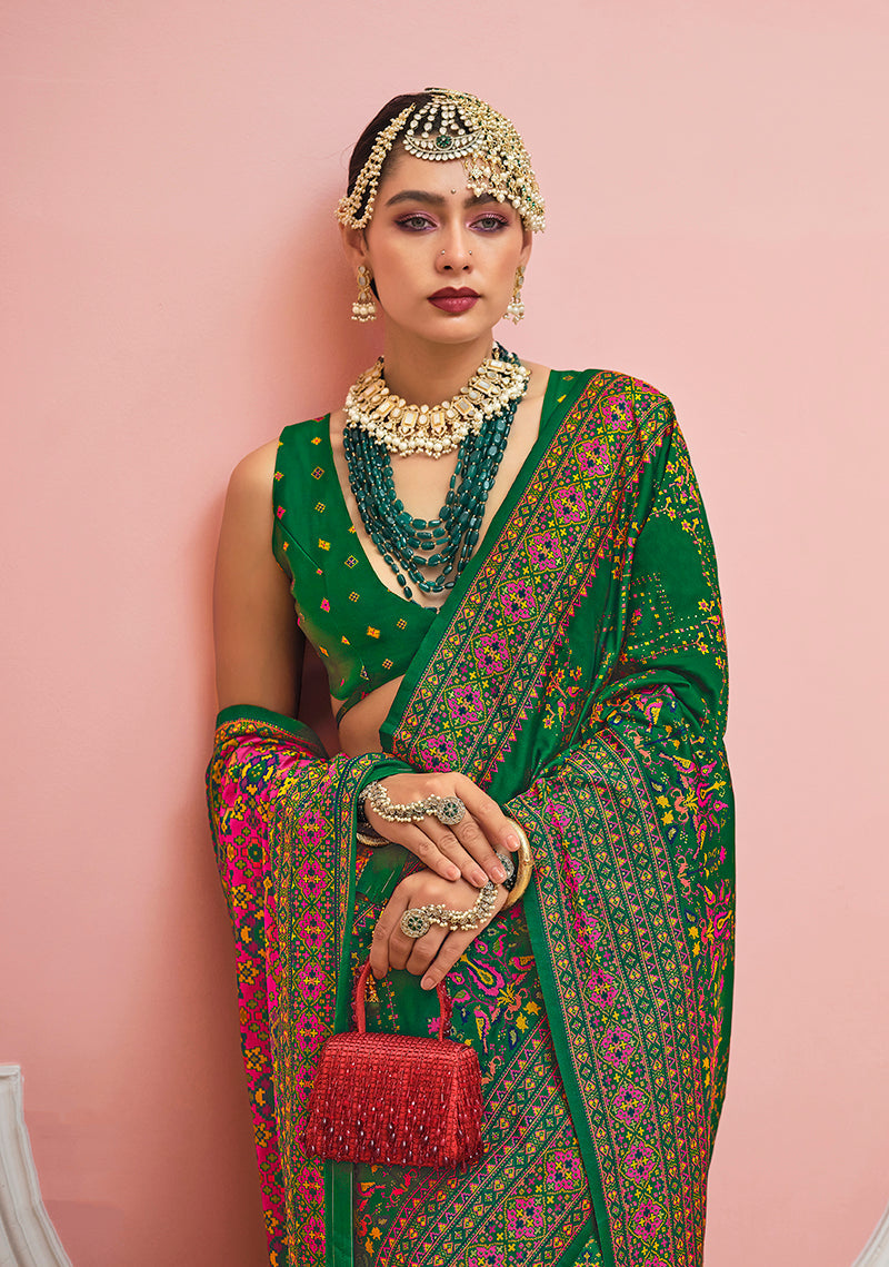 Monjolika Fashion Green Banarasi Silk Traditional Saree with Meenakari and Weaving Work - Distacart