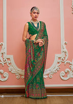 Monjolika Fashion Green Banarasi Silk Traditional Saree with Meenakari and Weaving Work - Distacart