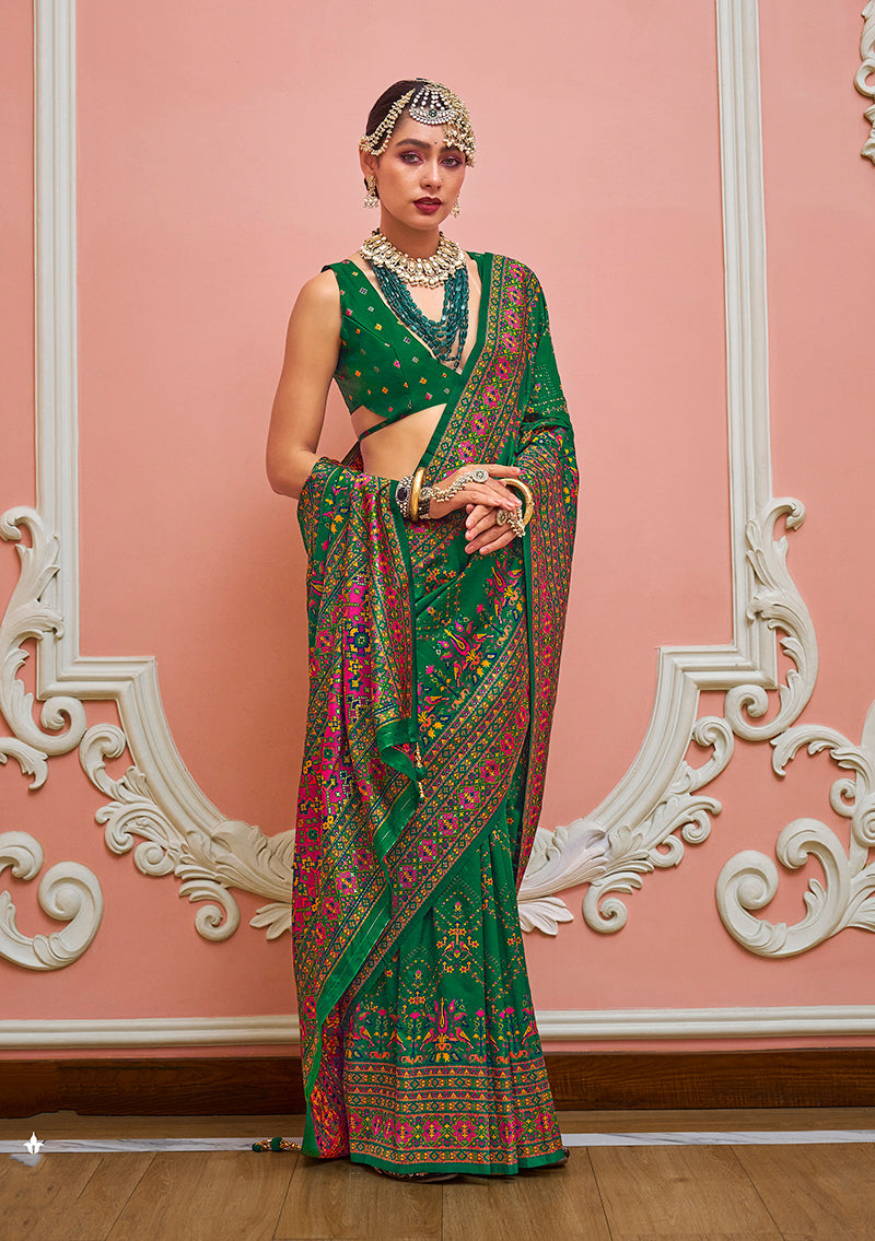 Monjolika Fashion Green Banarasi Silk Traditional Saree with Meenakari and Weaving Work - Distacart