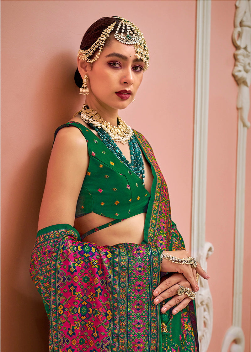 Monjolika Fashion Green Banarasi Silk Traditional Saree with Meenakari and Weaving Work - Distacart