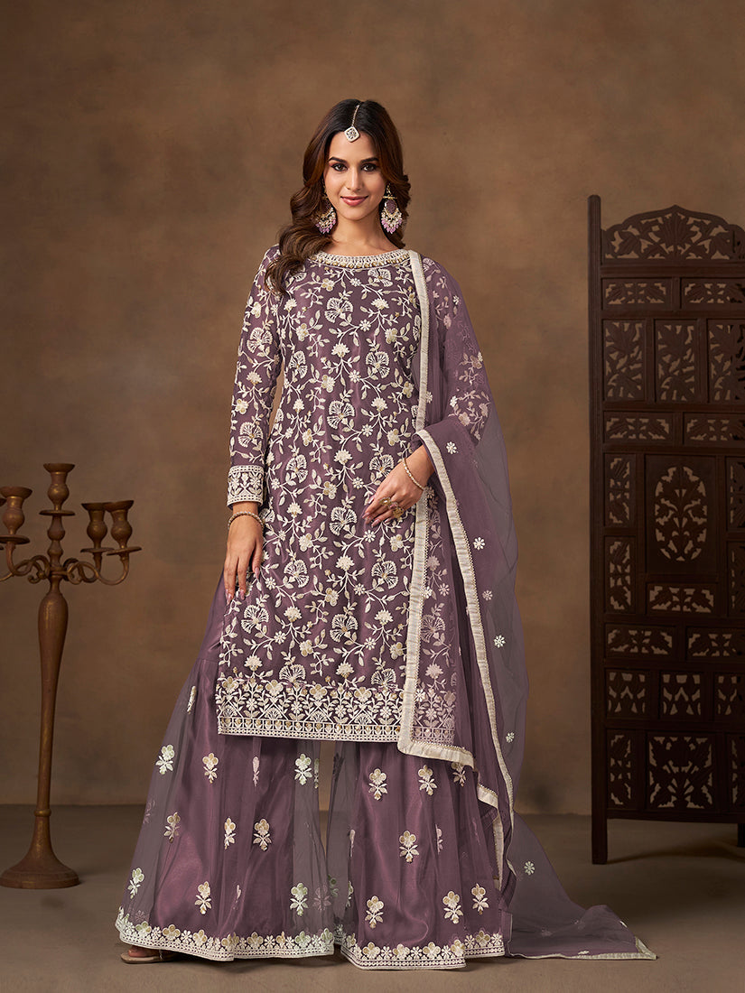 Monjolika Fashion Net Embroidered Lilac Salwar Kameez - Distacart