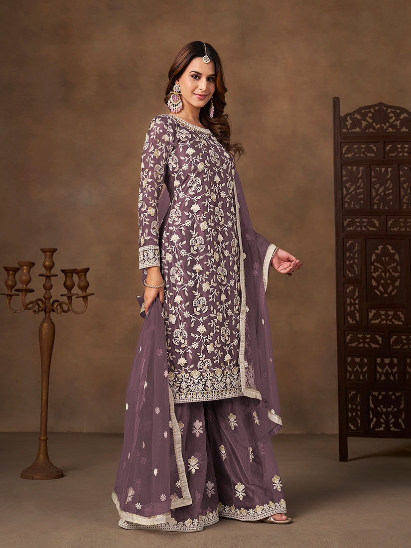 Monjolika Fashion Net Embroidered Lilac Salwar Kameez - Distacart